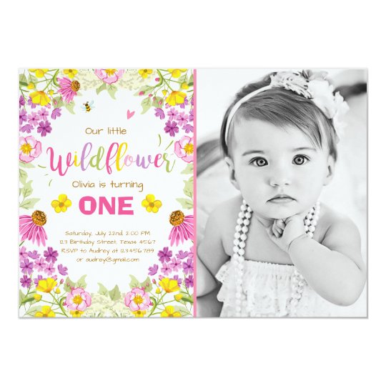 Wildflower birthday invitation Floral Girl pink