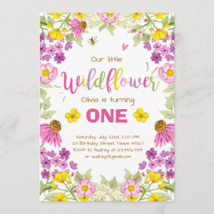 Wildflower birthday invitation Floral Girl pink