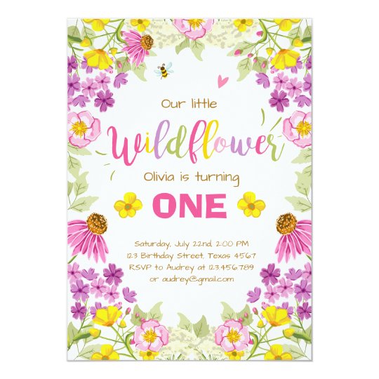 Wildflower birthday invitation Floral Girl pink