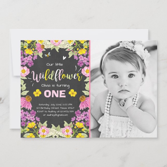 Wildflower birthday invitation Floral Girl pink (Front)