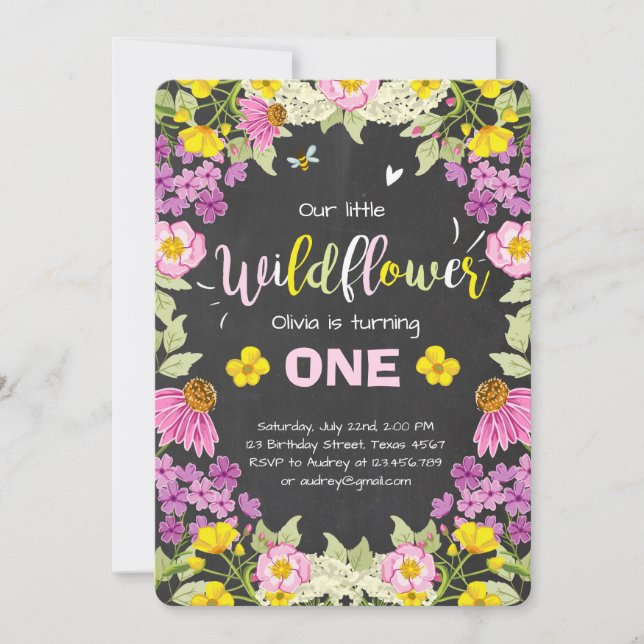Wildflower birthday invitation Floral Girl pink (Front)