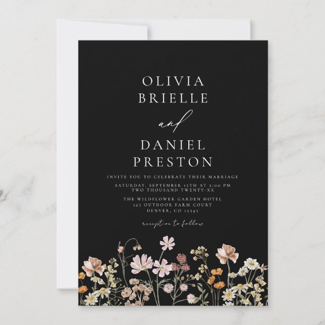 Wildflower Black All in One Wedding Invitation (Front)