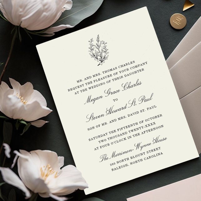 Wildflower Black and White Formal Wedding Invitation (Creator Uploaded)
