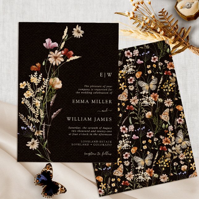 Wildflower Black Boho Wedding Invitation (Wildflower Black Boho Wedding Invitation Mongrammed by Painted Paperie
)
