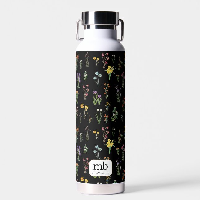 Wildflower Black Botanical Floral Water Bottle (Front)