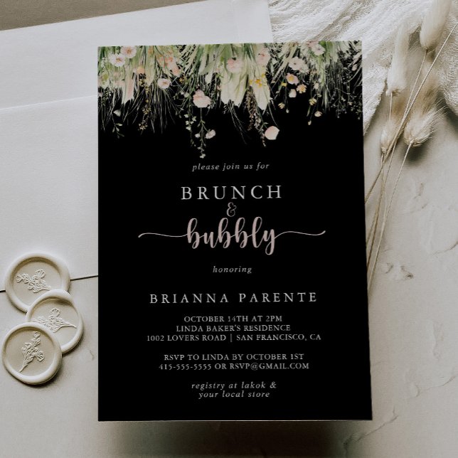 Wildflower Black Brunch and Bubbly Bridal Shower Invitation (Creator Uploaded)