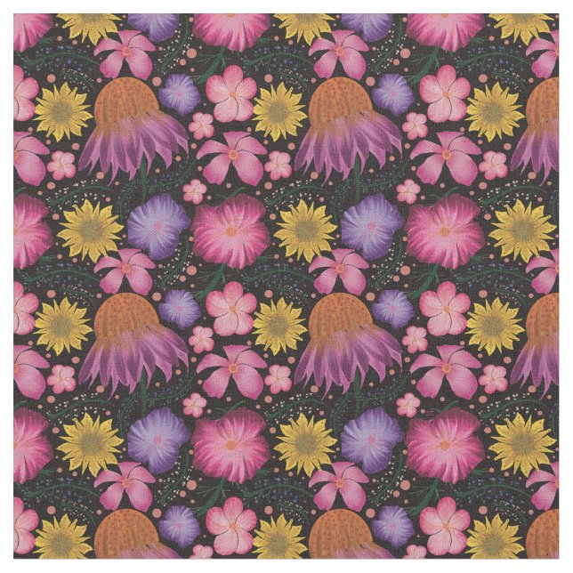 Wildflower Black Floral Pattern Fabric (Close Up)
