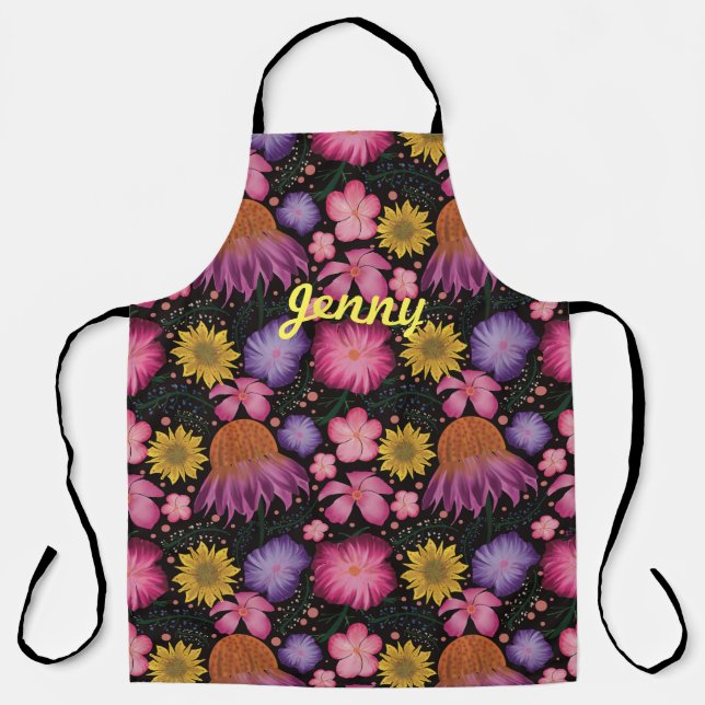 Wildflower Black Floral Personalised Apron (Front)