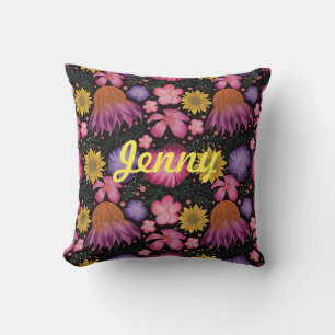 Wildflower Black Floral Personalised  Cushion