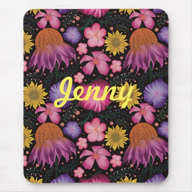 Wildflower Black Floral Personalised Mouse Mat (Front)