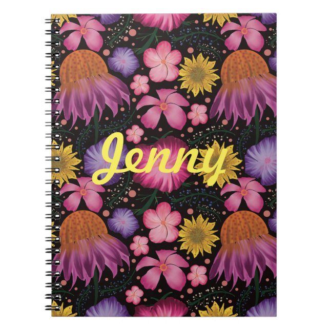 Wildflower Black Floral Personalised Notebook (Front)