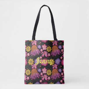 Wildflower Black Floral Personalised Tote Bag