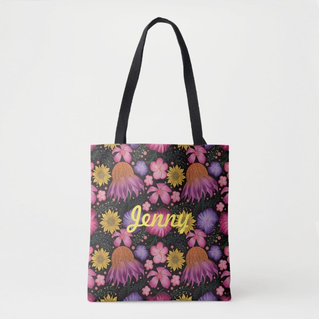 Wildflower Black Floral Personalised Tote Bag (Front)