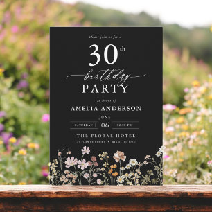 Wildflower Black Garden Floral 30th Birthday Invitation