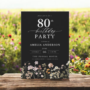 Wildflower Black Garden Floral 80th Birthday Invitation