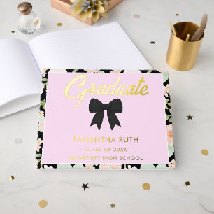 Wildflower Black Gingham Bow Graduation Party Guest Book