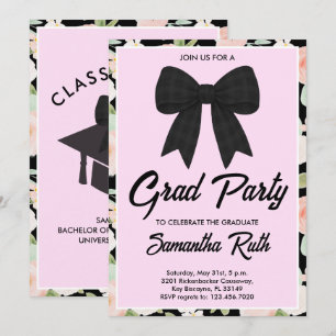 Wildflower Black Gingham Bow Graduation Party Invitation
