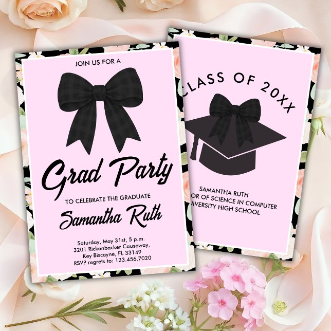 Wildflower Black Gingham Bow Graduation Party Invitation (Creator Uploaded)