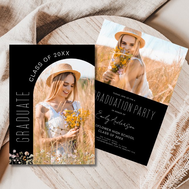 Wildflower Black Graduation Party Photo Invitation (Creator Uploaded)