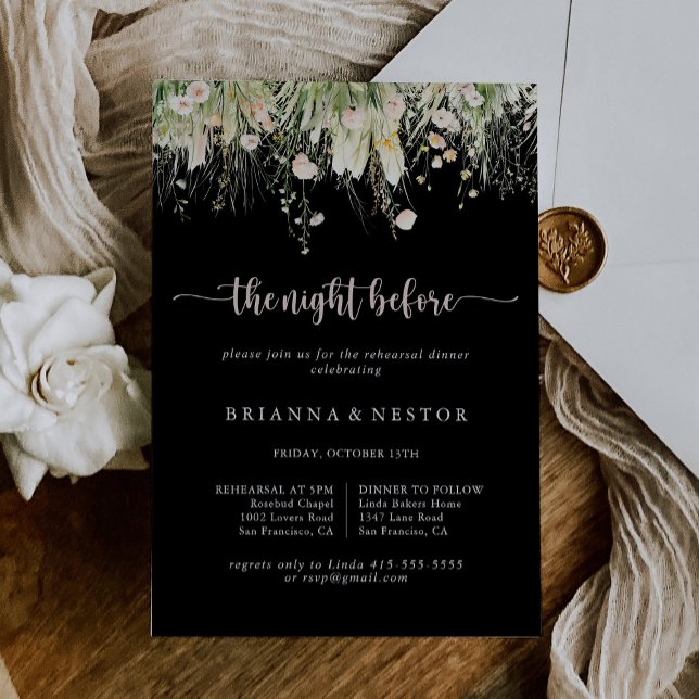 Wildflower Black Night Before Rehearsal Dinner Invitation (Creator Uploaded)