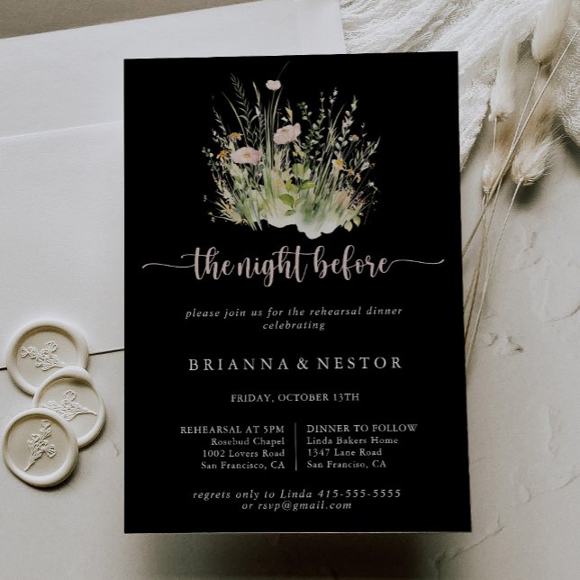 Wildflower Black Night Before Rehearsal Dinner Invitation (Creator Uploaded)