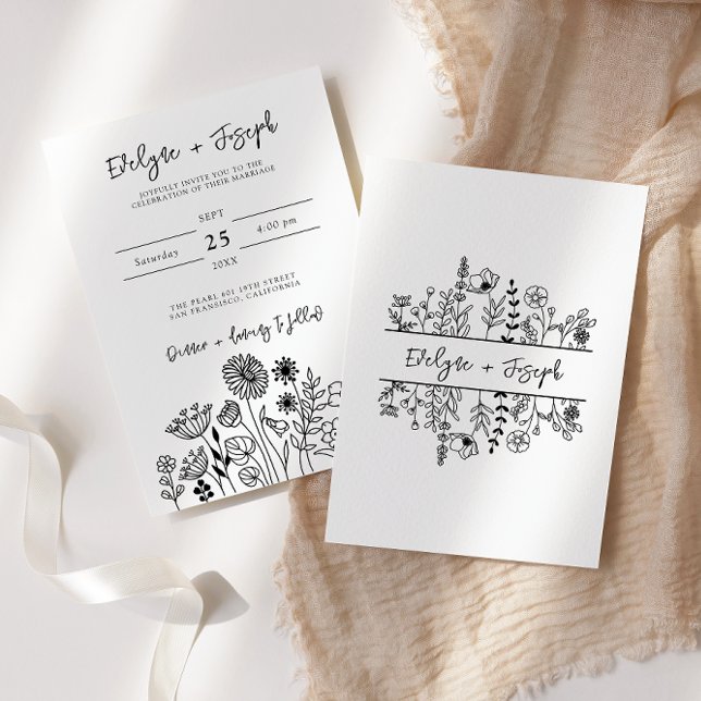 Wildflower Black & White Boho Chic Modern Wedding Invitation (Creator Uploaded)