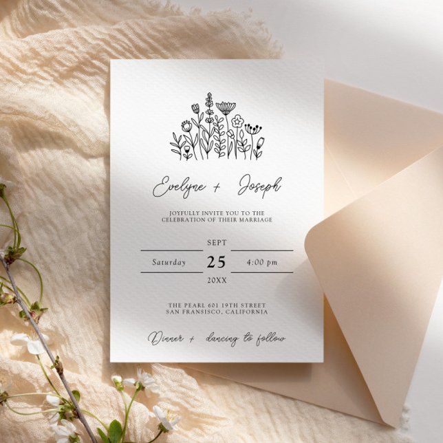 Wildflower Black & White Boho Elegant Chic Wedding Invitation (Creator Uploaded)