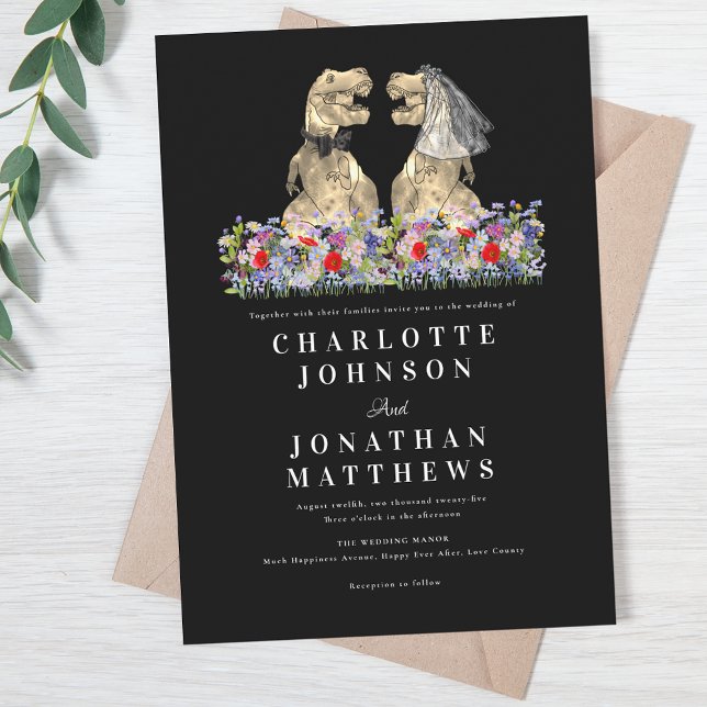 Wildflower Black & White Dinosaur Wedding Invitation (Wildflower boho rustic Dinosaur black and white wedding invitation Fun T-Rex bride & groom dino)