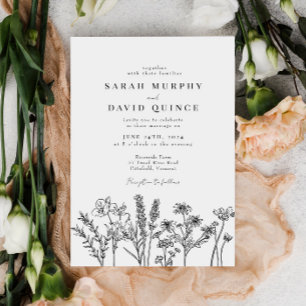 Wildflower Black & White Elegant Wedding Invitation