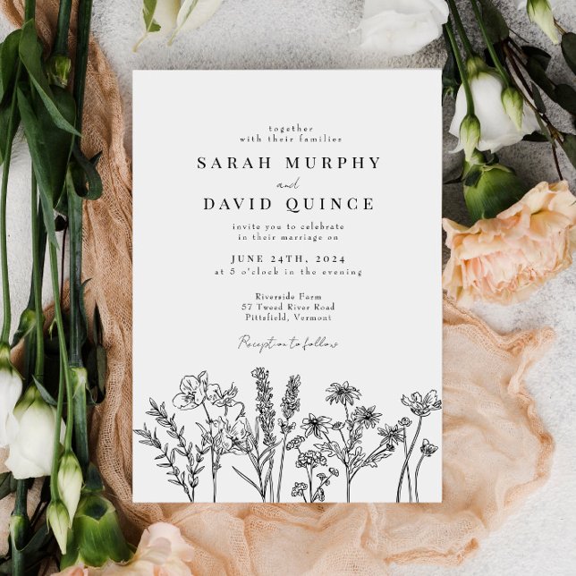 Wildflower Black & White Elegant Wedding Invitation (Creator Uploaded)