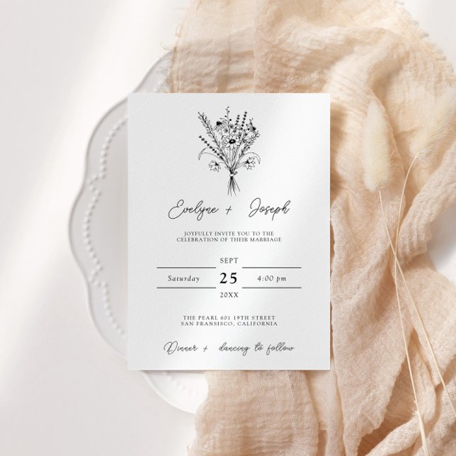 Wildflower Black & White Flowers Bouquet Wedding Invitation (Creator Uploaded)