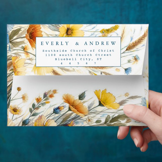Wildflower Bloom Sunny Yellow  Sky Blue Wedding  Envelope (Hand)