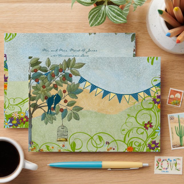 Wildflower Bloom Vintage Love Birds Wedding   Envelopes (Desk)