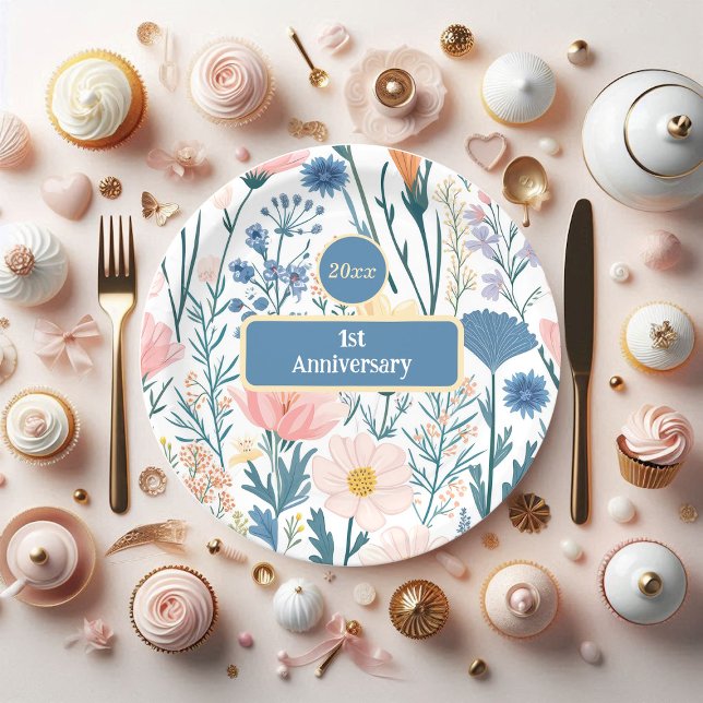Wildflower Blooms foliage Pastel Blue Pink Meadow  Paper Plate (Wildflower Blooms Pastel Blue Paper Plates)