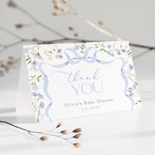 Wildflower Blue Bow frame Baby shower Thank you Card (Creator Uploaded)