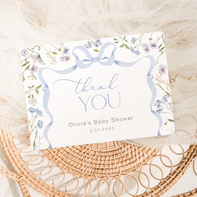 Wildflower Blue Bow frame Baby shower Thank you Card (Creator Uploaded)
