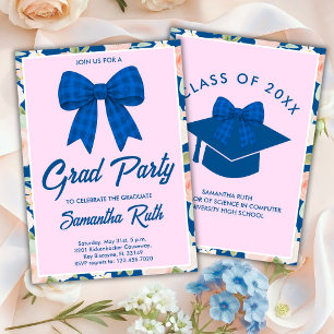 Wildflower Blue Gingham Bow Graduation Party Invitation