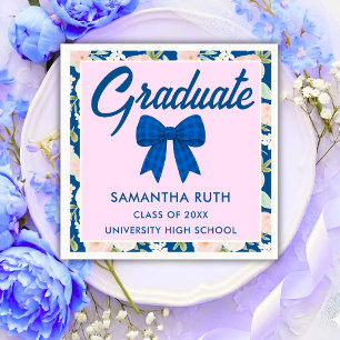 Wildflower Blue Gingham Bow Graduation Party Napkin