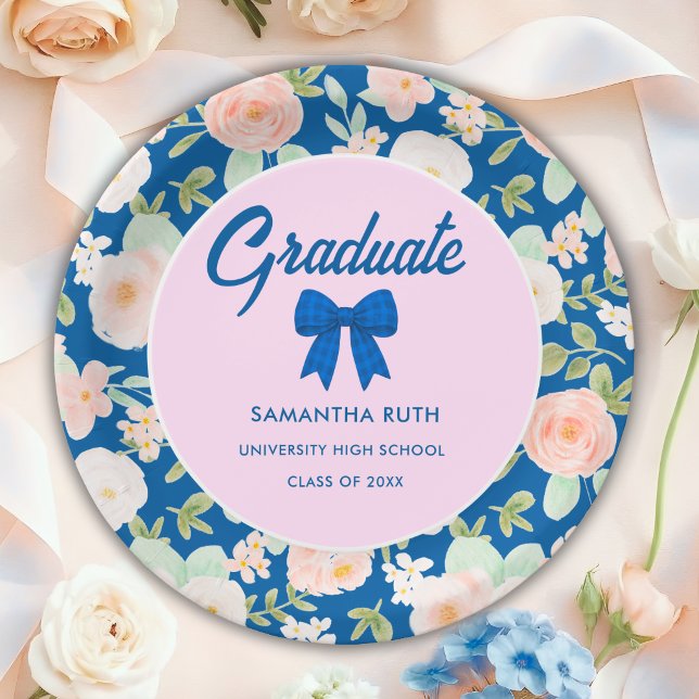 Wildflower Blue Gingham Bow Graduation Party Paper Plate (Creator Uploaded)