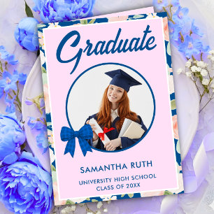Wildflower Blue Gingham Bow Photo Graduation  Card