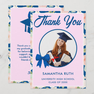 Wildflower Blue Gingham Bow Photo Graduation Thank You Card