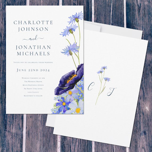 Wildflower Blue Rustic   Invitation (Elegant wildflower blue watercolor with bride & groom monogram artwork by artist Catherine Sweetman )