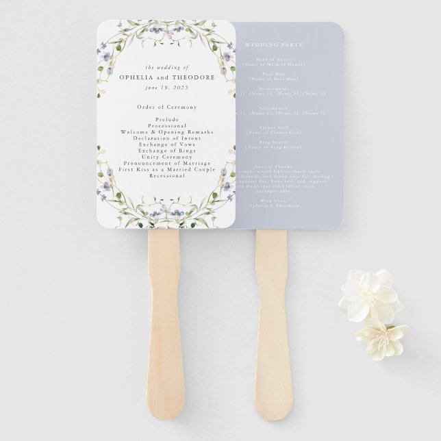 Wildflower Blue Watercolor Elegant Wedding Program Hand Fan (Front and Back)