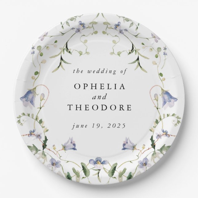 Wildflower Blue Watercolor Wedding Monogram Paper Plate (Front)