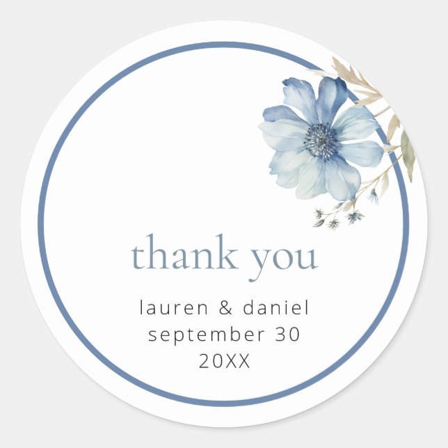 Wildflower Blue Wedding Thank You Classic Round Sticker (Front)