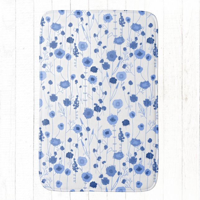 Wildflower Blue White Botanical Art Bath Mat (Blue and white wildflower art bath mat)