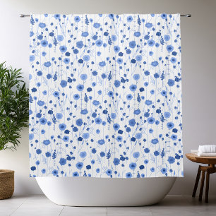 Wildflower Blue White Botanical Art Shower Curtain