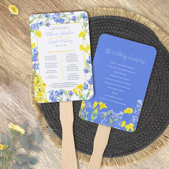 Wildflower blue yellow watercolor wedding program hand fan (Creator Uploaded)