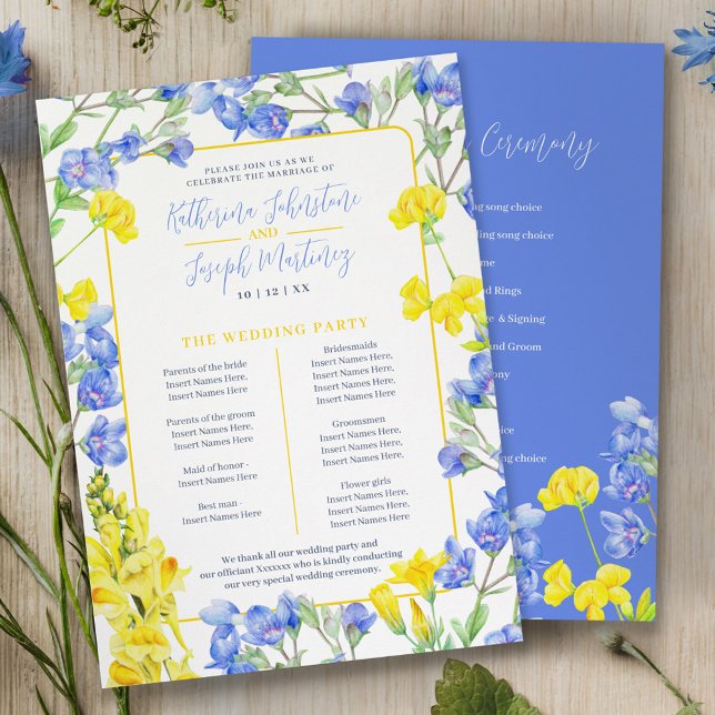Wildflower blue yellow watercolor wedding program programme (Creator Uploaded)