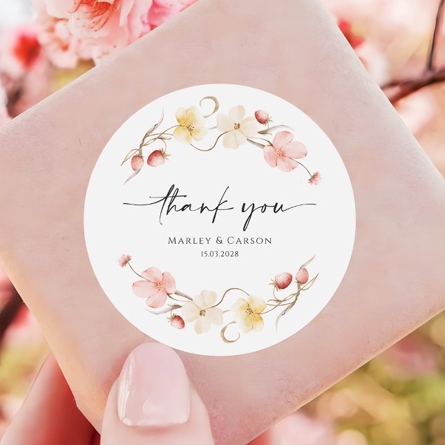 Wildflower Blush Floral Wedding Thank You Classic Round Sticker (Creator Uploaded)